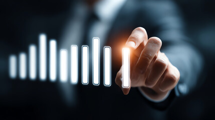 Professional man adjusting bright virtual KPI sliders, enhancing performance metrics