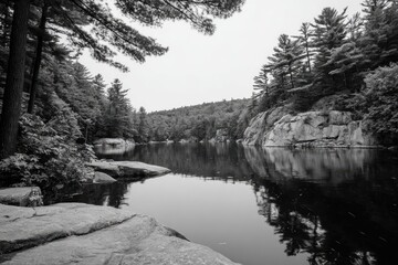 Serene black and white lake scene with rocky shore and dense forest