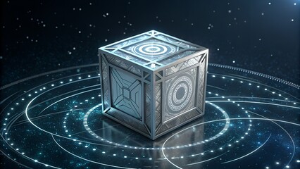 Floating silver cube emitting holographic patterns