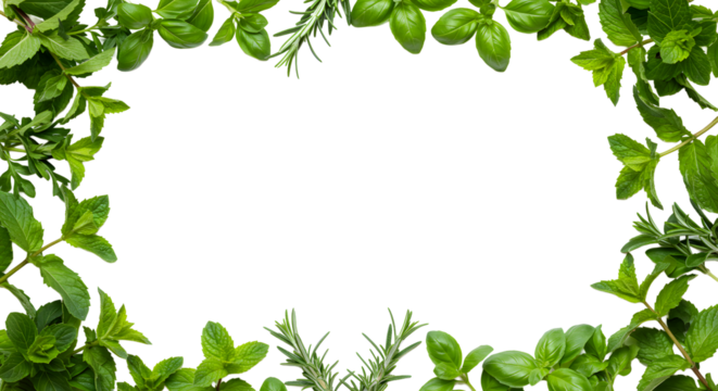 Fresh culinary herbs frame, mint, rosemary, basil for flavorful recipes