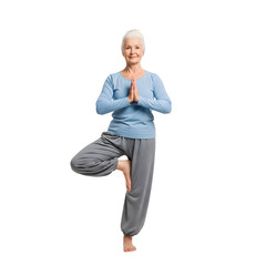 Senior woman doing a tree pose in yoga isolated on a transparent background 