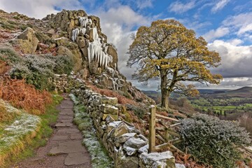 Winter path through icy rock face, autumnal tree