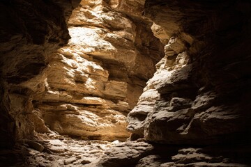 Sunlight streams into a narrow rocky canyon