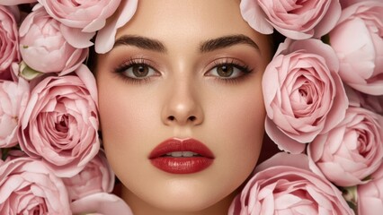 Beautiful Young Woman Surrounded by Lush Pink Roses Embracing Nature and Femininity