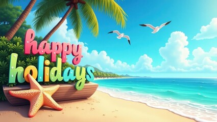 Tropical beach paradise with palm trees and seagulls celebrating happy holidays