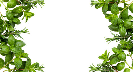 Naklejka premium Fresh aromatic herbs border design, mint, basil, rosemary frame element