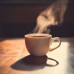Fototapeta premium Steaming hot coffee in white mug on wood