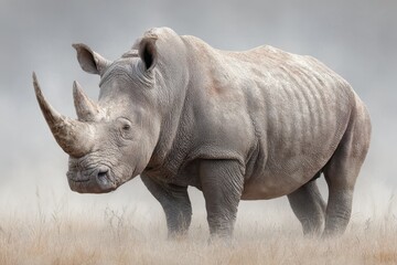 Obraz premium Majestic white rhinoceros standing in tall grass under a cloudy sky, highlighting its massive frame and distinctive features in a natural habitat