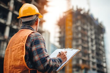 Civil engineer conducting inspection of construction structure under development with plans and notes in hand at urban construction site during daylight hours
