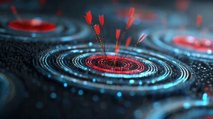 Abstract target board with digital arrows hitting center, showcasing precision and focus