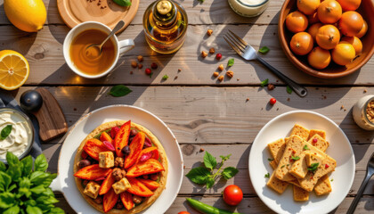 Delicious fruit tart with strawberries and nuts, accompanied by cup of tea, fresh citrus fruits, and plate of savory snacks, creating vibrant and inviting table setting