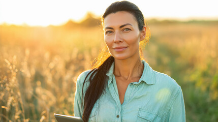 woman using tablet at agriculture field
