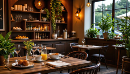 Cozy dining area featuring wooden tables and chairs, adorned with plants and elegant table settings. warm ambiance is enhanced by soft lighting and well stocked shelf, creating welcoming