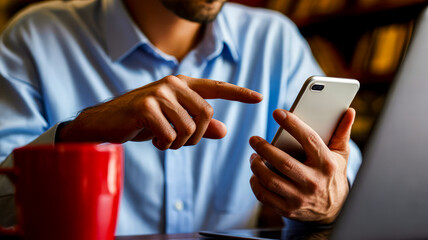 Man using smartphone near red mug and laptop mobile phone