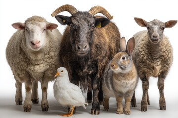 Fototapeta premium Group of farm animals including sheep, goat, duck, rabbit, and lamb against a plain white background showcasing animal diversity in a farm setting