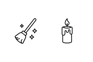 Broom and candle icons stars flame