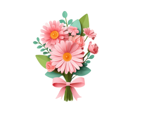 Paper flower bouquet pink daisy rose green leaf ribbon decorative isolated transparency background cheerful handmade craft
