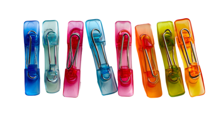 Collection of colorful plastic clothespins isolated on transparent background