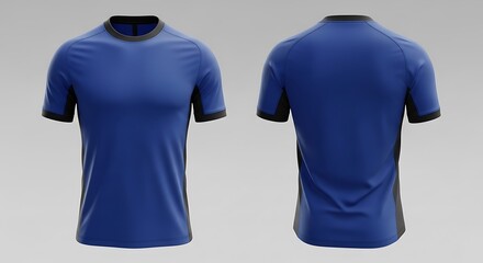 Front and back view of a blue athletic t-shirt with black accents, isolated.