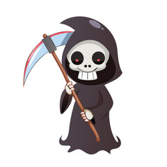 Cartoon grim reaper with a scythe isolated on white background