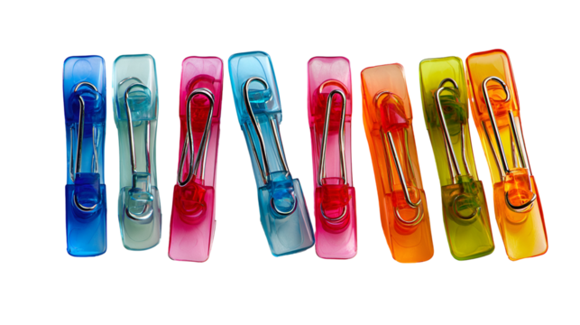 Collection of colorful plastic clothespins isolated on transparent background