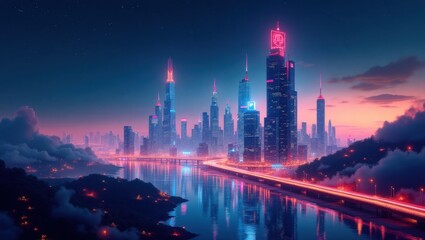 Fototapeta premium Futuristic Neon Cityscape with Glowing Water Reflections