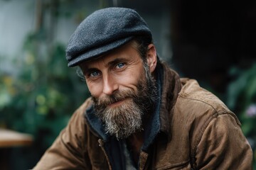 Happy bearded farmer wearing cap smiles at the camera in a rustic setting with greenery in the background during a sunny day