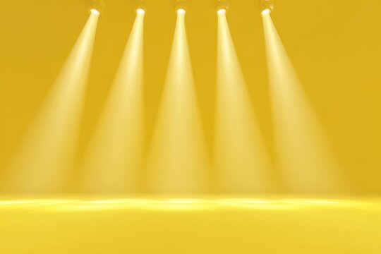 Bright spotlight beams create a vibrant ambiance against a yellow background, adding energy to performances or presentations in a lively setting
