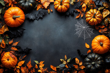 Black and orange pumpkins are scattered with bats and a silver spider web across the top, creating a spooky atmosphere on a dark background, perfect for Halloween event