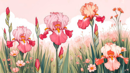 Pink and coral iris flowers in a dreamy meadow pink flowers