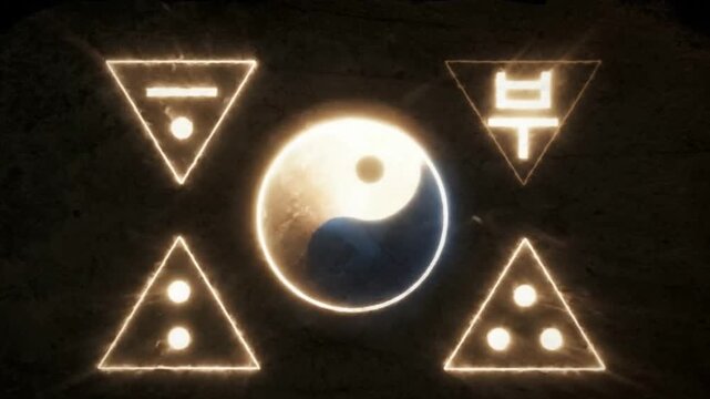 Looping Animation of Taeguk and Trigrams in Abstract Glowing Motion on Textured Background