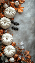 A creative Halloween flatlay showcases white pumpkins and metallic bats arranged among spider webs and autumn leaves, perfect for seasonal decoration. Space for text enhances its festive appeal