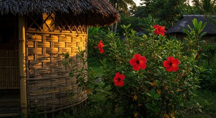 Vibrant Red Flowers Blooming Near Traditional Bamboo Hut in Tropical Garden Setting at Sunset