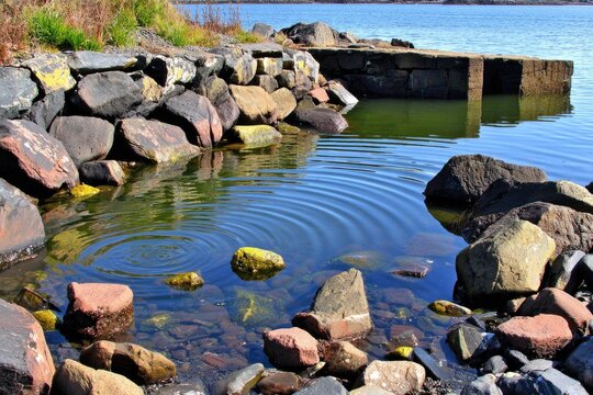 Calm water ripples amidst rocks along a shoreline