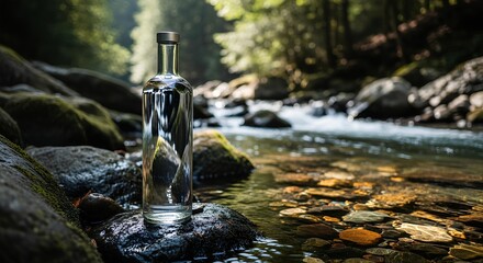 Bottle of pure spring water on a rock in a clear forest stream.