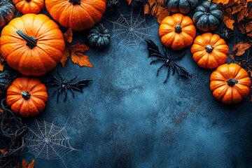 Mini pumpkins in vibrant orange and deep blue sit among black bats and delicate silver spider webs on a dark backdrop, creating a festive atmosphere perfect for Halloween celebrations, copy space