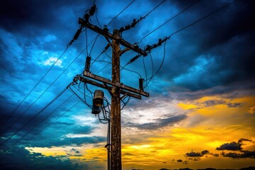 Old wooden utility pole with wires against dramatic sunset and storm clouds