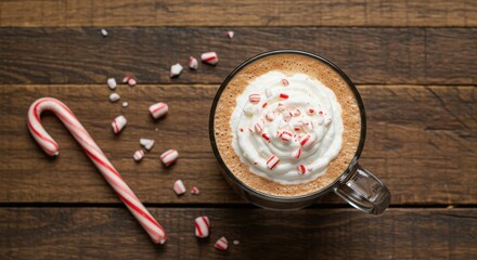 Warm Holiday Beverage with Peppermint Whipped Cream and Candy Cane on Rustic Wooden Table