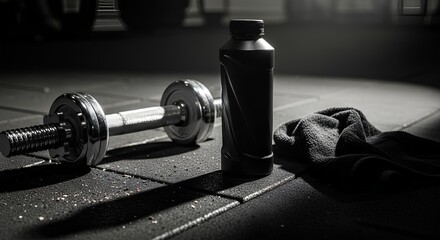 Monochrome gym scene with a dumbbell, protein shake bottle, and towel.