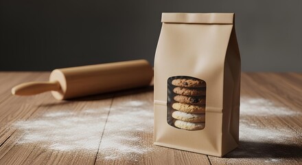 Cookie bag mockup with a window on a floured wooden table.