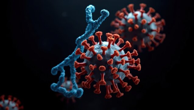 Close up view of coronavirus cells with blue dna strand on a dark background in a microscopic image