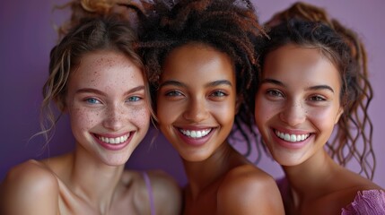 Obraz premium Happy senior businesswomen of different races & ethnicities. Multiracial female colleagues purple background. Sisterhood & ambitious women. International Women's Day. DEI Diversity Equality Inclusion