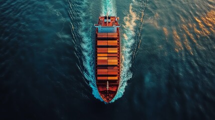 Cargo ship navigating through shimmering water at sunset.