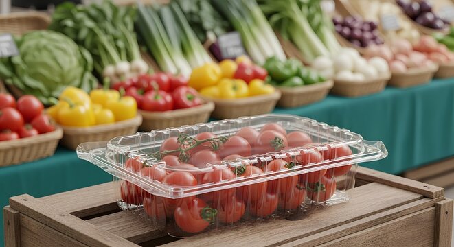 Fresh cherry tomatoes in a plastic clamshell container at a farmer's market.