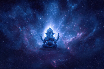 Lord ganesha statue floating in the galaxy