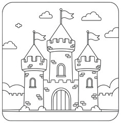 Fototapeta premium Fairytale Castle Coloring Page Featuring Three Towers with Flags, Surrounded by Clouds and Decorative Elements in a Simple Black and White Line Art Style for Kids