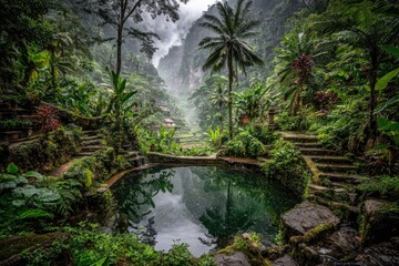 Obraz premium Lush valley with a reflecting pool, misty mountains, and terraced gardens