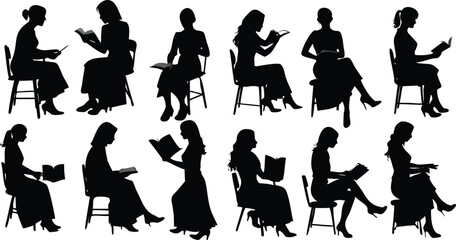 Woman reading book silhouettes set
