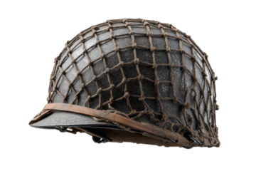 Military helmet with netting, profile view
