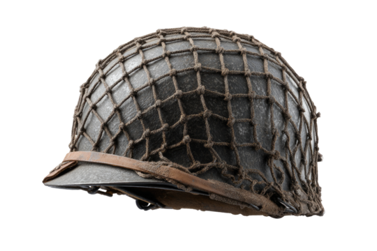 Military helmet with netting, profile view